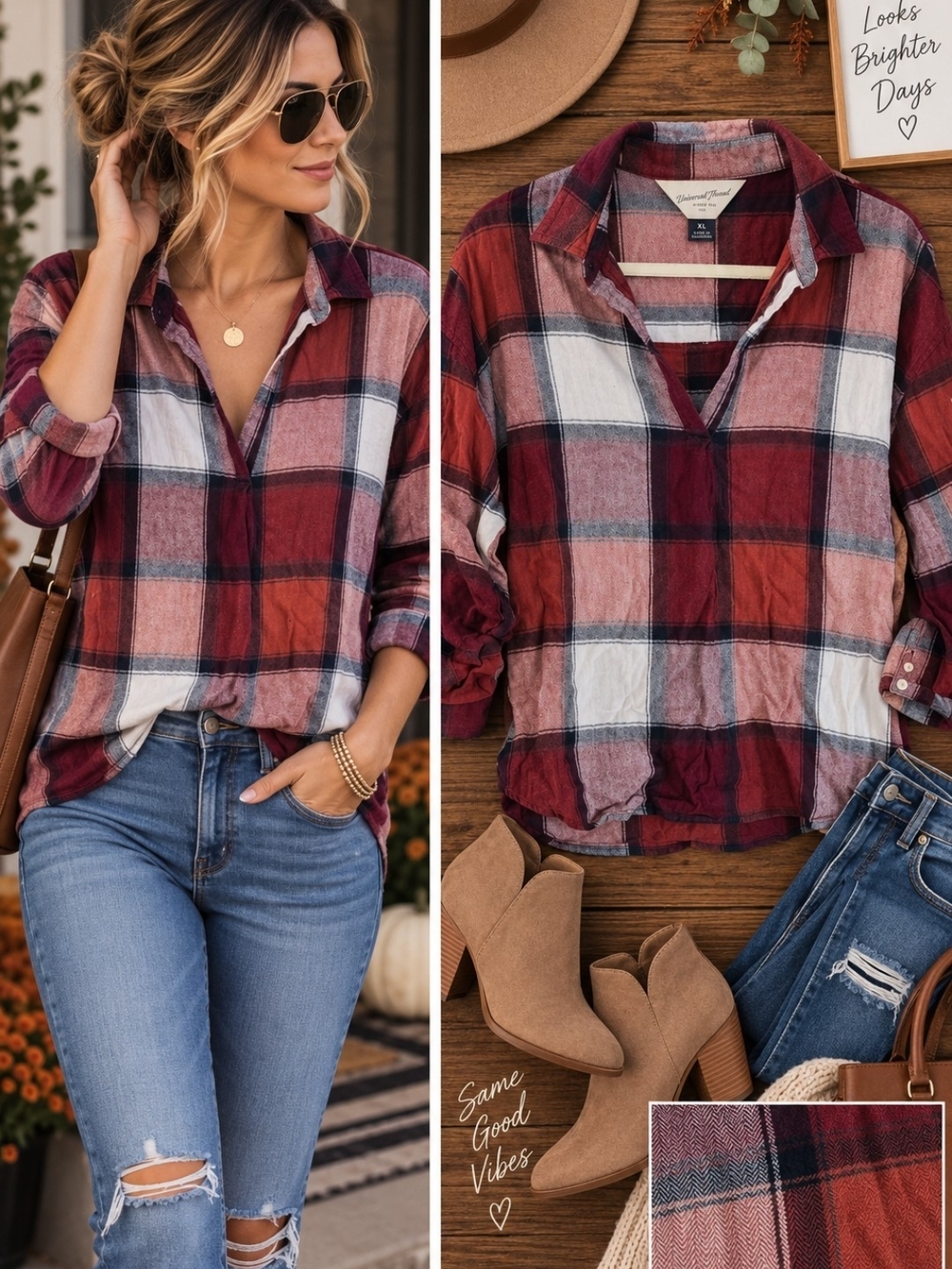 Universal Thread Fall Plaid Pullover Flannel Burgundy Rust Plum Cream XL